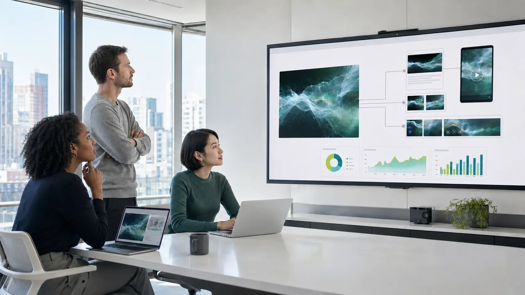 Global team planning PR and media strategy for an AI product
