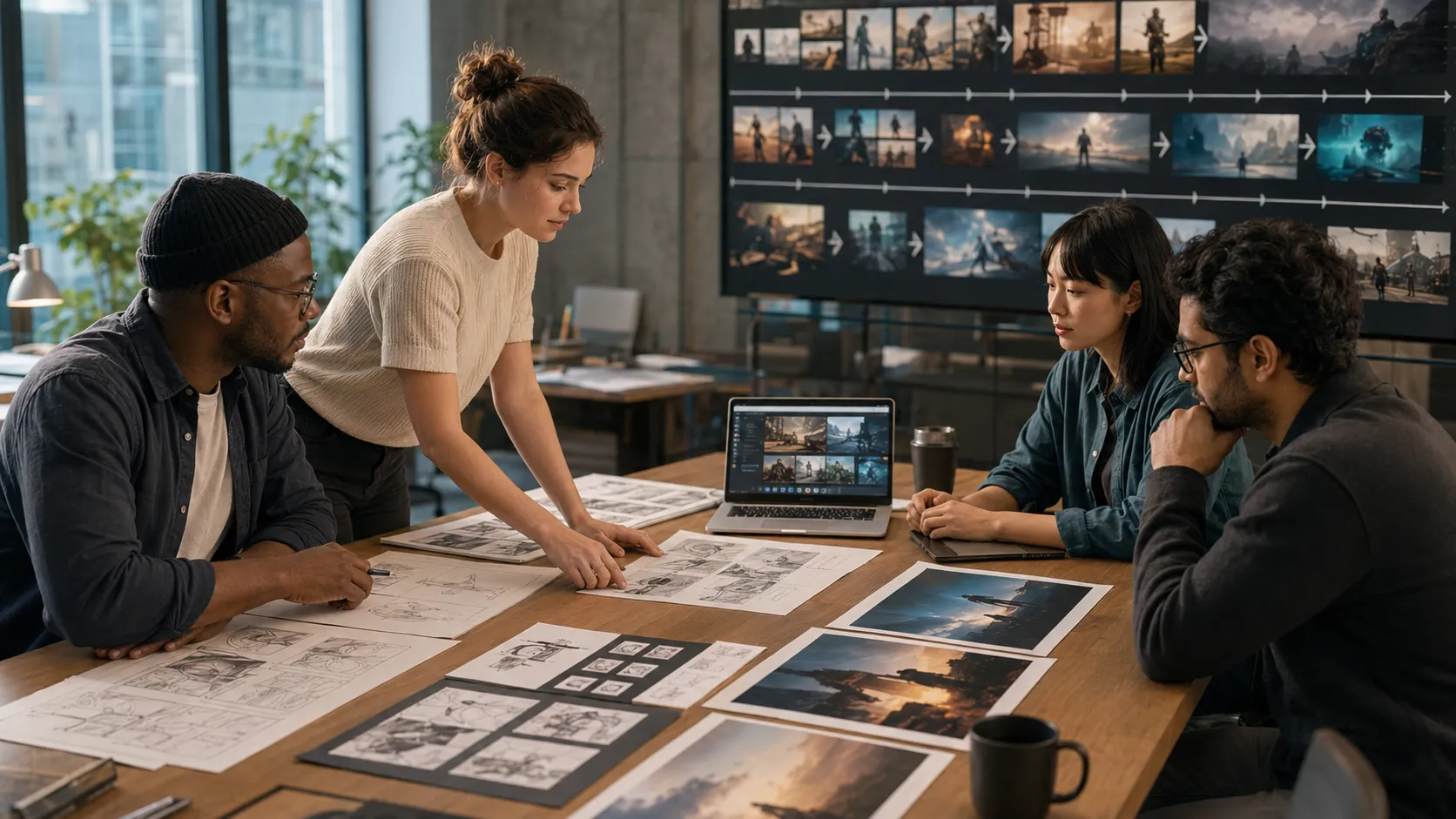 International creative team reviewing an AI content development process