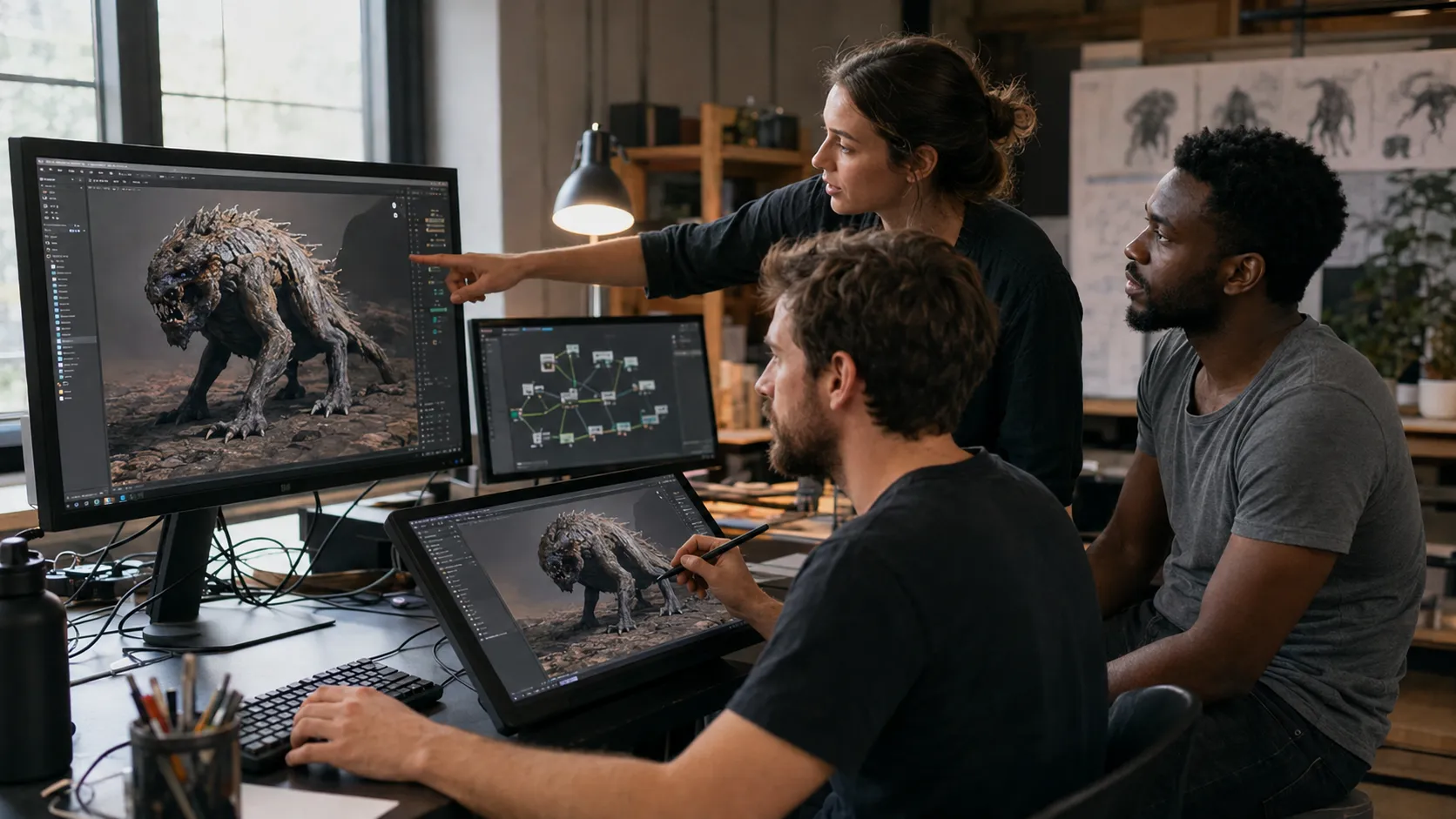 International AI creative team reviewing an original 3D character production workflow