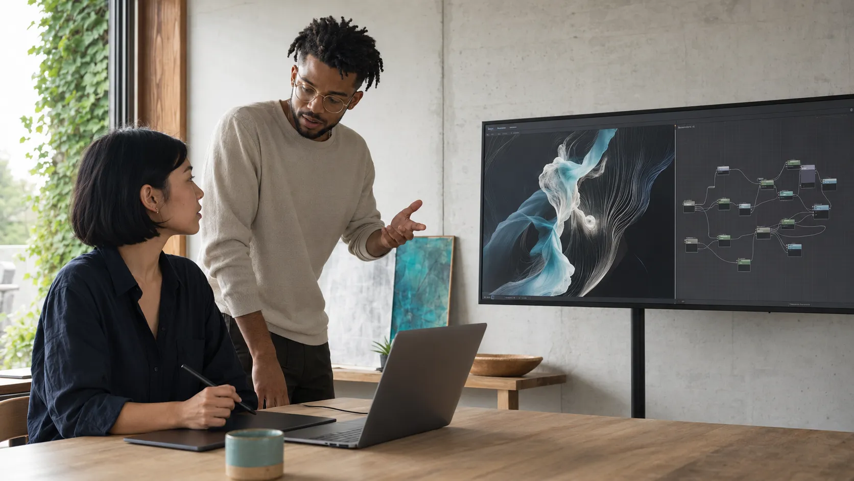AI creators collaborating remotely across countries on a digital production