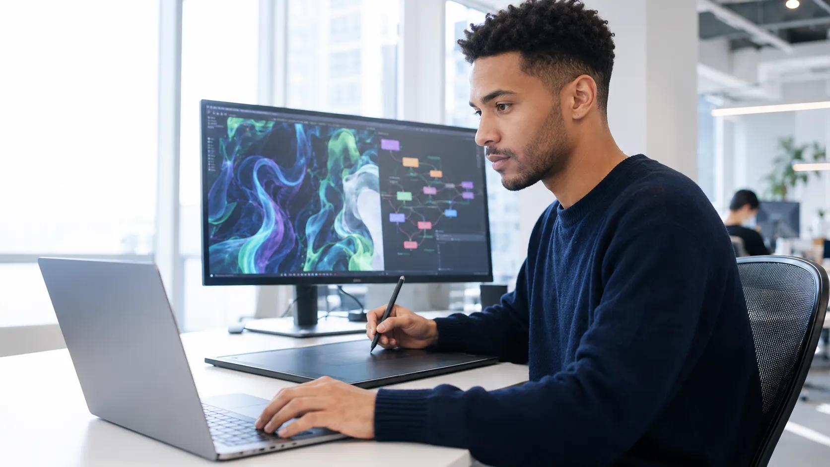 AI creator developing original work in a professional digital studio