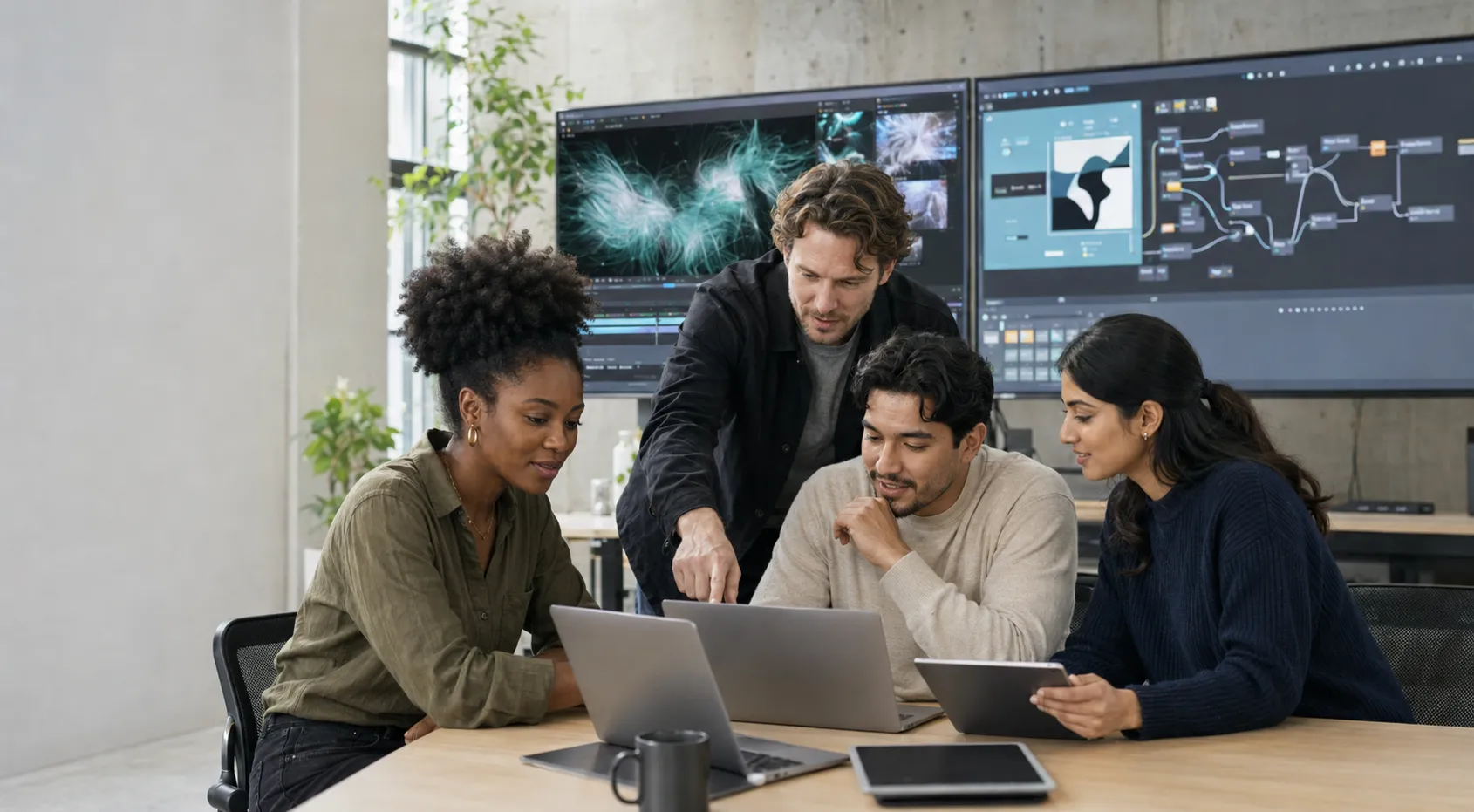 International AI production team sharing screens during a collaborative project